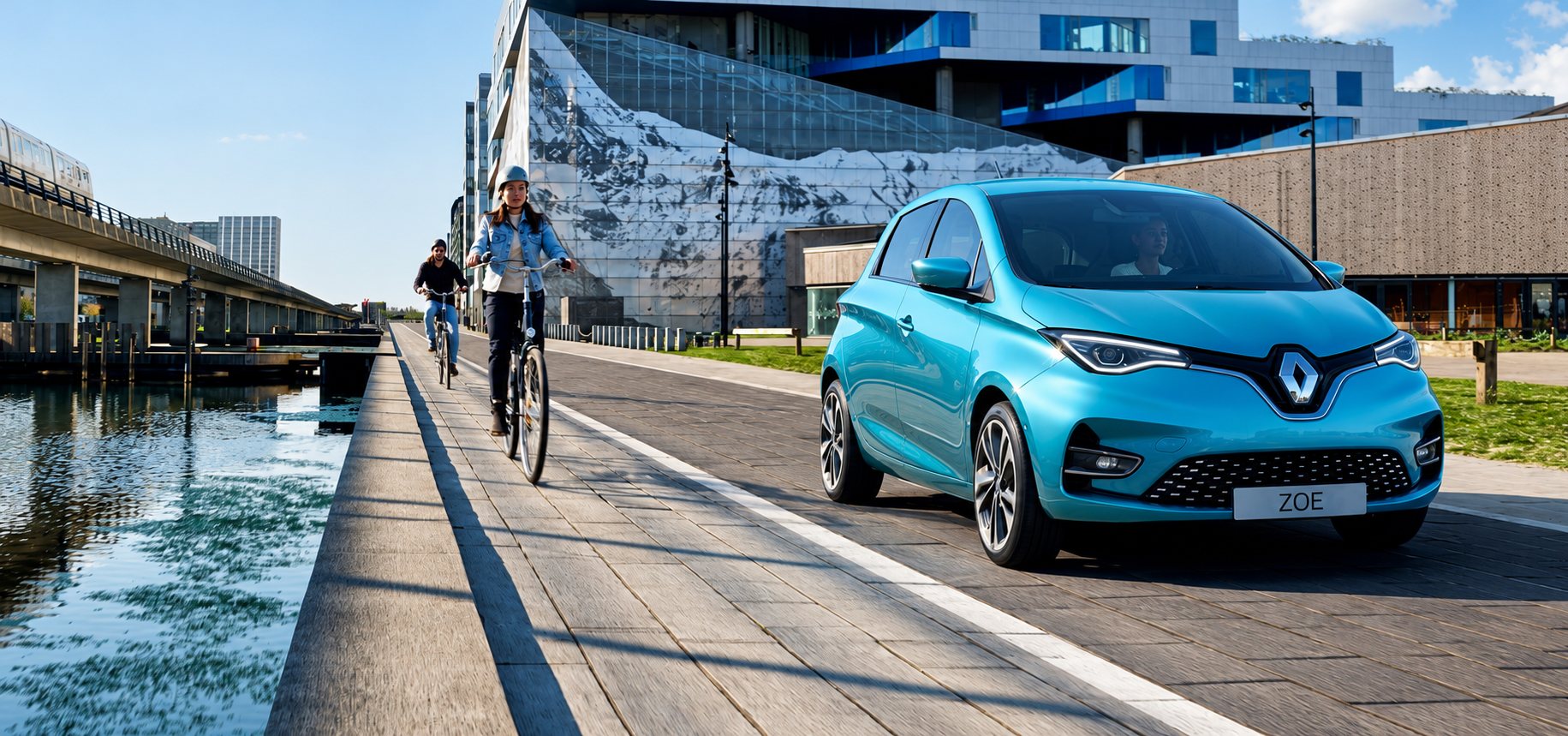 Une Renault Zoé électrique bleu turquoise roule sur un quai pavé au bord de l'eau, à côté de deux cyclistes, devant des bâtiments modernes.