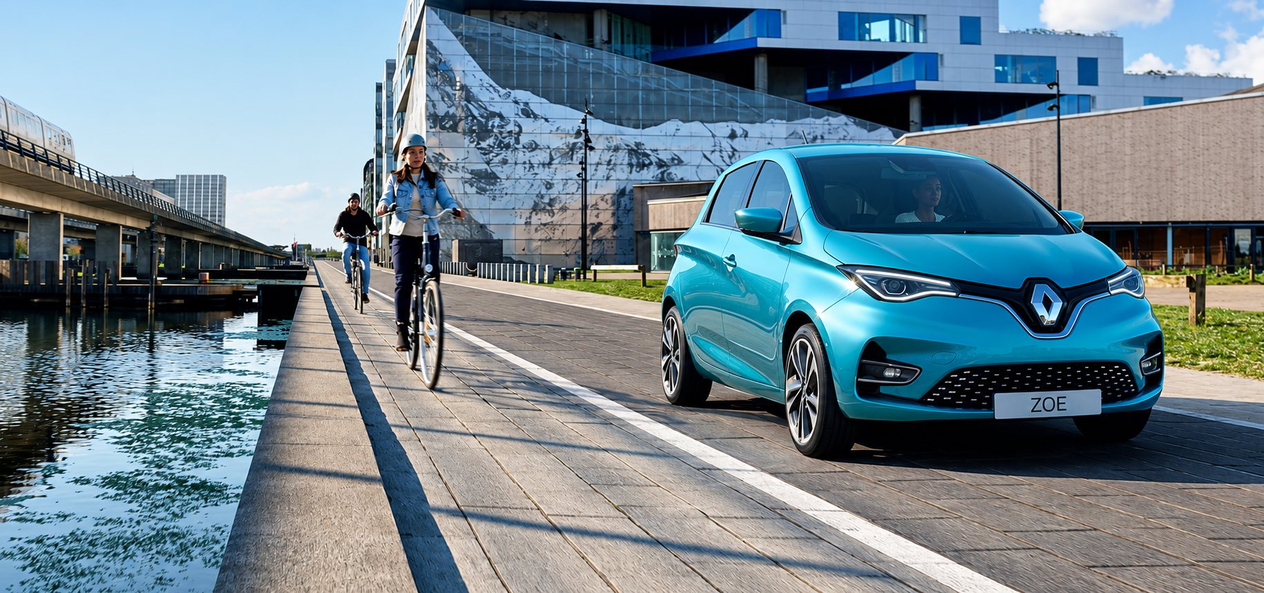Une Renault Zoé électrique bleu turquoise roule sur un quai pavé au bord de l'eau, à côté de deux cyclistes et de bâtiments modernes.